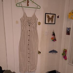 Japna | Beige Striped Maxi Dress with Buttons